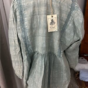 easel Sage Green Textured Peasant Blouse with Lace Insets